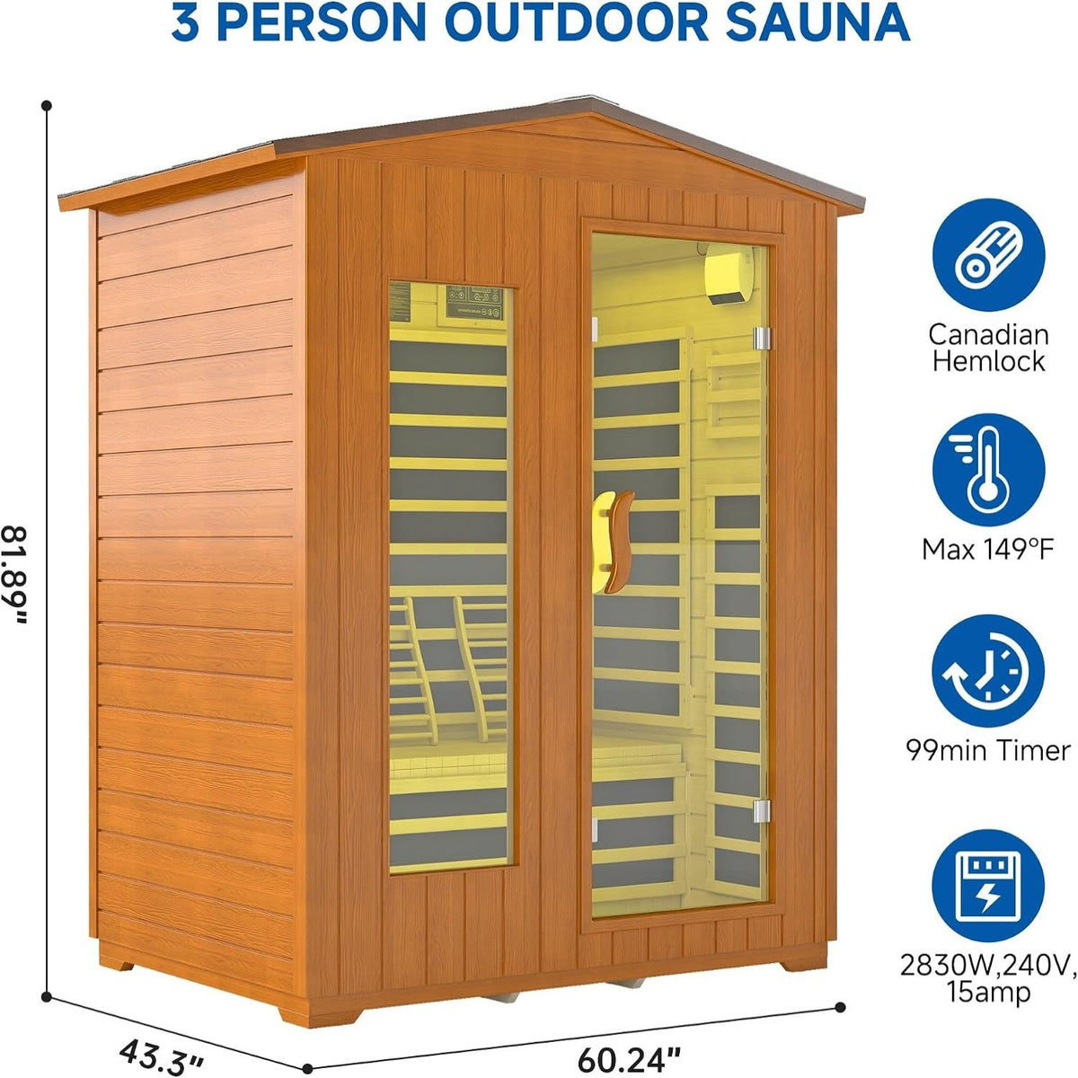 3 Person Outdoor Sauna, Low EMF Infrared Sauna, 7-Color Therapy